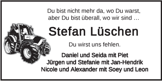 Traueranzeige von Stefan Lüschen von Nordwest-Zeitung