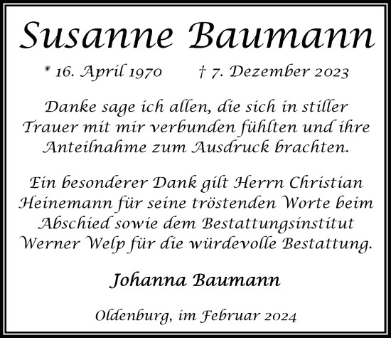 Traueranzeige von Susanne Baumann von Nordwest-Zeitung