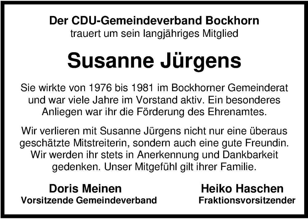  Traueranzeige für Susanne Jürgens vom 27.02.2024 aus Nordwest-Zeitung