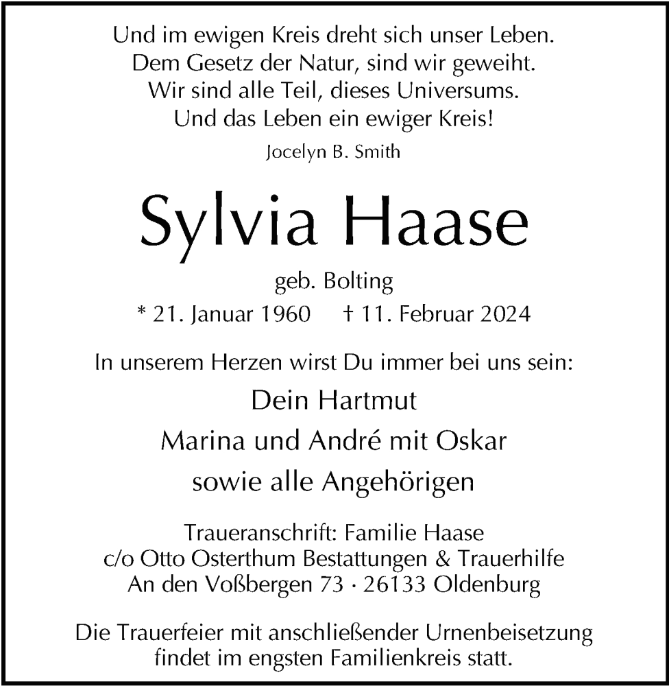  Traueranzeige für Sylvia Haase vom 17.02.2024 aus Nordwest-Zeitung