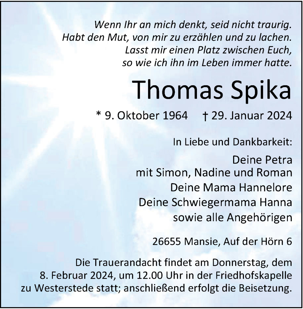  Traueranzeige für Thomas Spika vom 02.02.2024 aus Nordwest-Zeitung