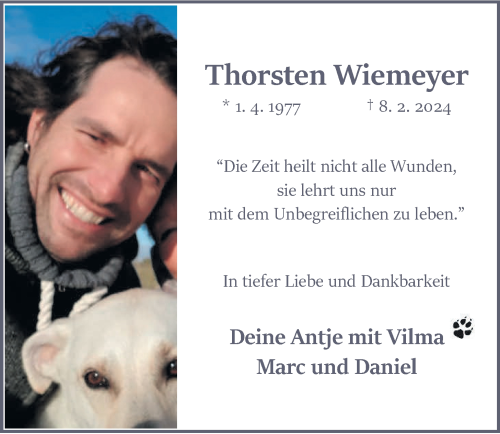  Traueranzeige für Thorsten Wiemeyer vom 17.02.2024 aus Nordwest-Zeitung