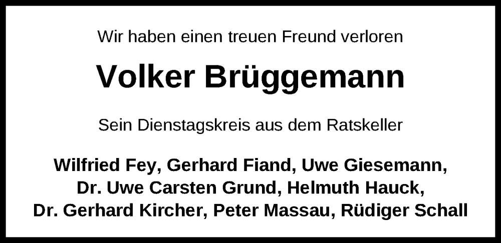  Traueranzeige für Volker Brüggemann vom 03.02.2024 aus Nordwest-Zeitung