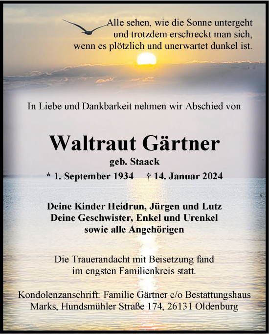 Traueranzeige von Waltraut Gärtner von Nordwest-Zeitung