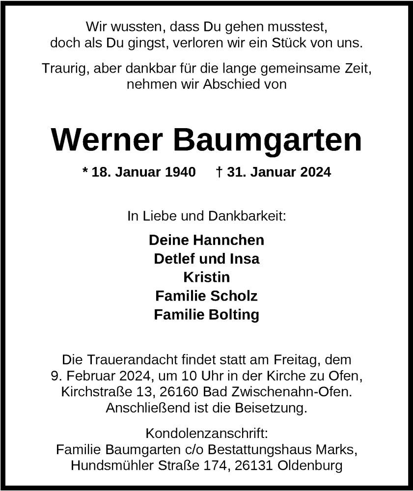  Traueranzeige für Werner Baumgarten vom 06.02.2024 aus Nordwest-Zeitung