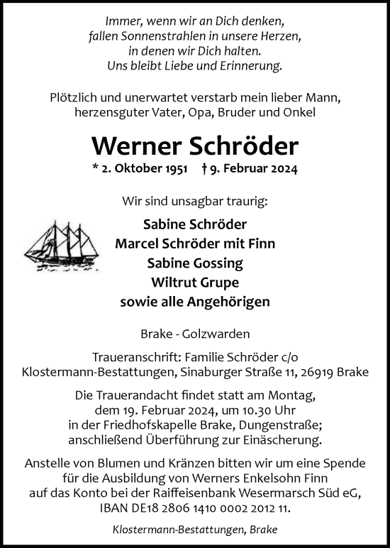 Traueranzeige von Werner Schröder von Nordwest-Zeitung