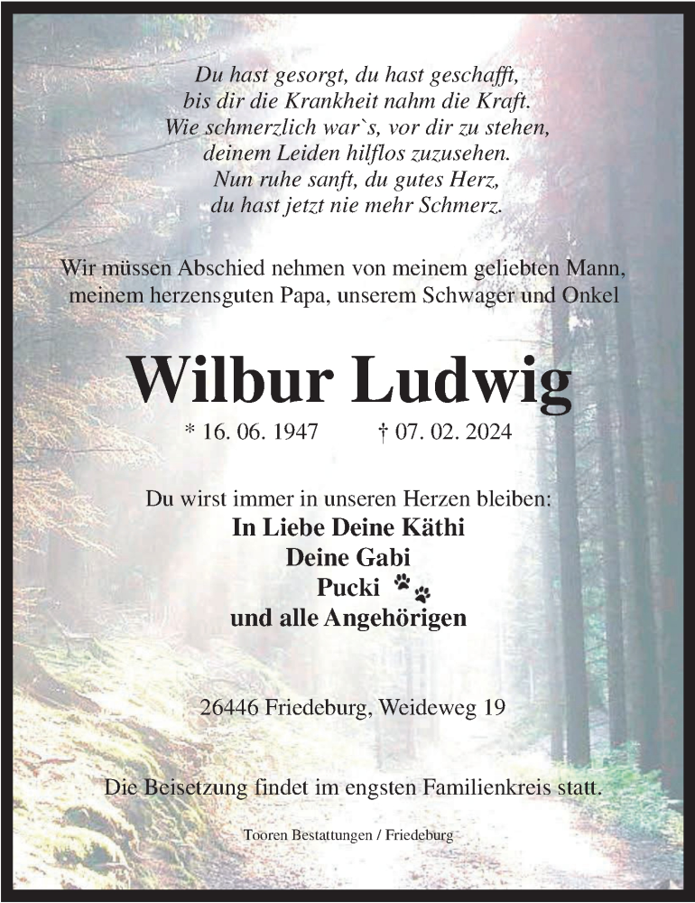  Traueranzeige für Wilbur Ludwig vom 09.02.2024 aus WZ/JW/AH