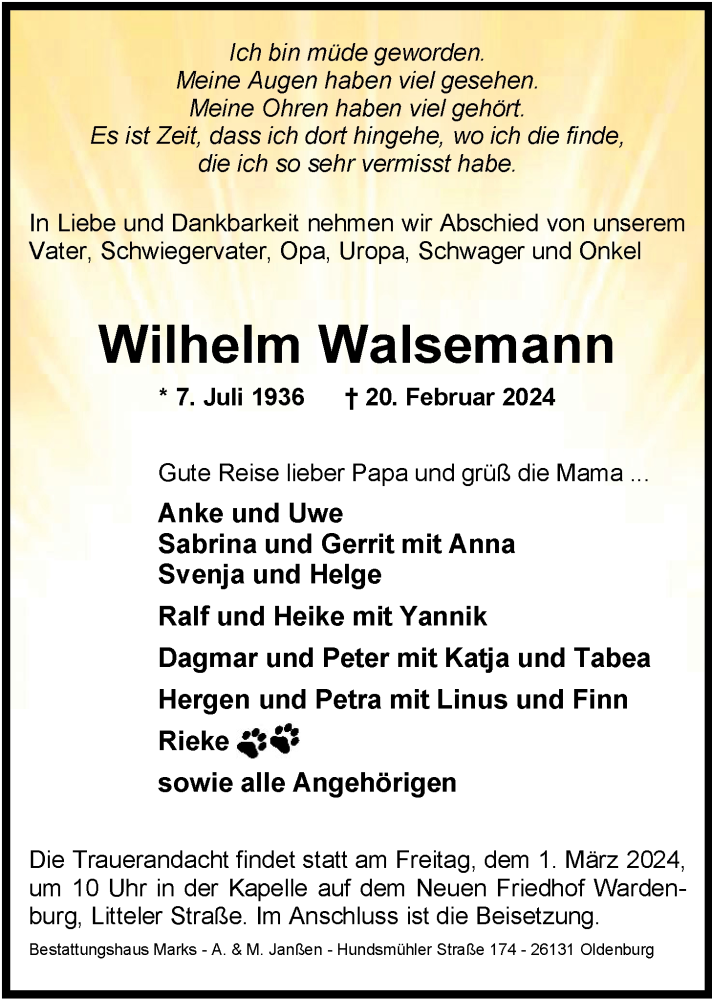  Traueranzeige für Wilhelm Walsemann vom 24.02.2024 aus Nordwest-Zeitung