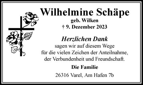 Traueranzeige von Wilhelmine Schäpe von Nordwest-Zeitung