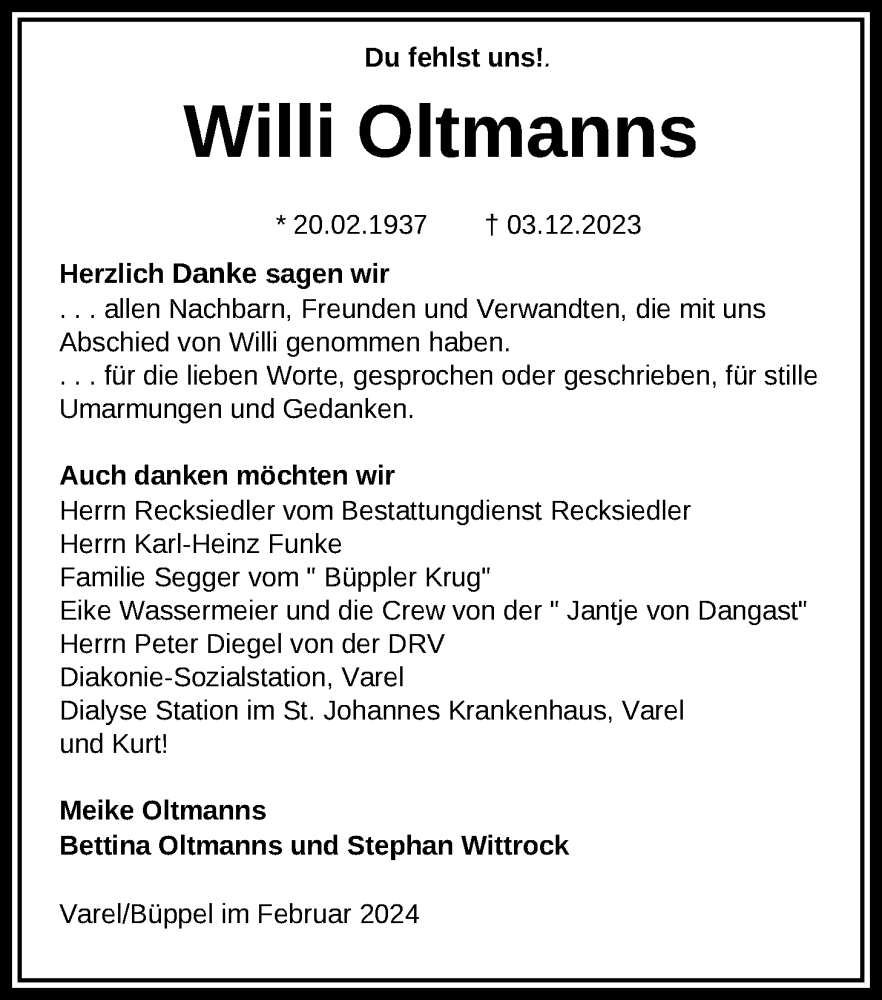  Traueranzeige für Willi Oltmanns vom 17.02.2024 aus Nordwest-Zeitung