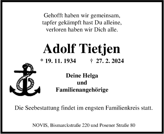 Traueranzeige von Adolf Tietjen von WZ/JW/AH