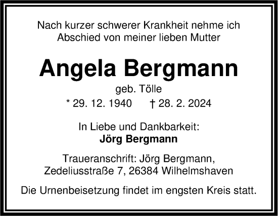 Traueranzeige von Angela Bergmann von WZ/JW/AH