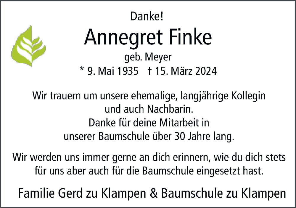  Traueranzeige für Annegret Finke vom 20.03.2024 aus Nordwest-Zeitung