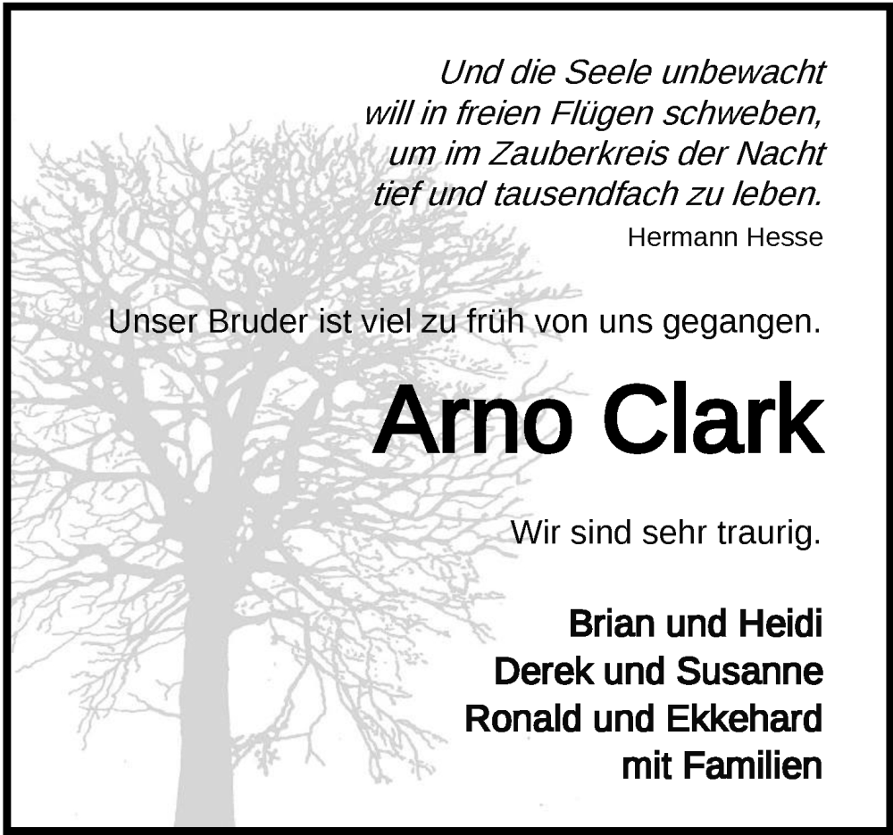  Traueranzeige für Arno Clark vom 25.03.2024 aus Nordwest-Zeitung