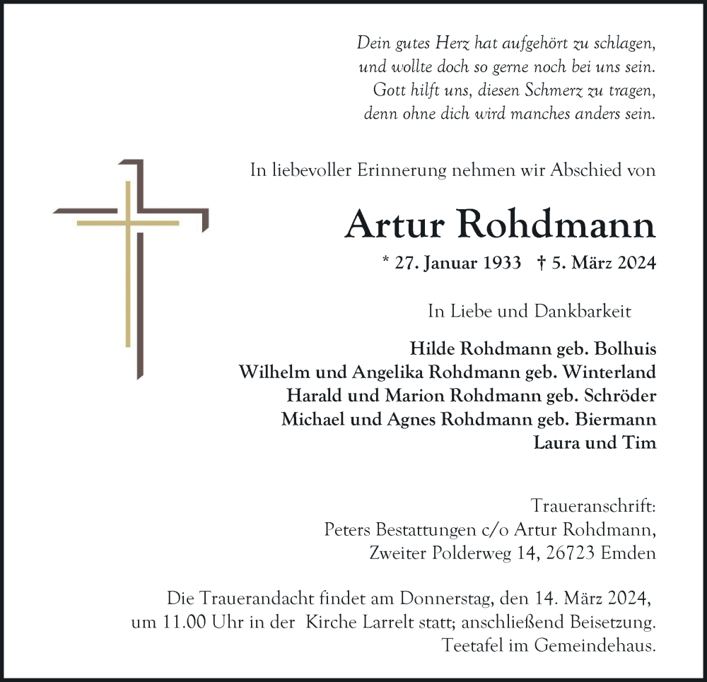  Traueranzeige für Artur Rohdmann vom 09.03.2024 aus Emder Zeitung