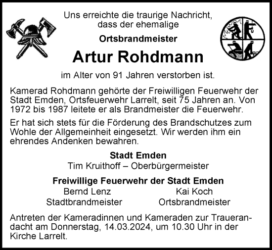 Traueranzeige von Artur Rohdmann von Emder Zeitung