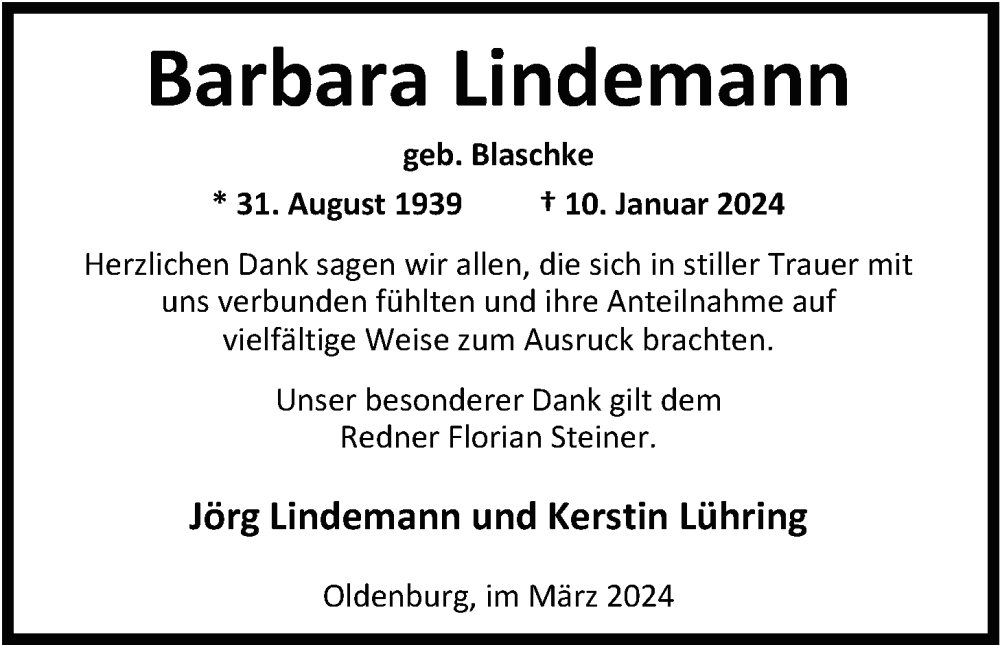  Traueranzeige für Barbara Lindemann vom 30.03.2024 aus Nordwest-Zeitung