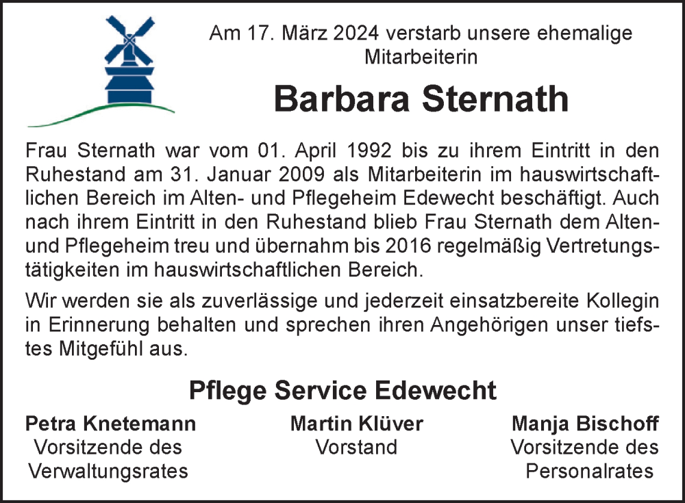 Traueranzeige für Barbara Sternath vom 22.03.2024 aus Nordwest-Zeitung