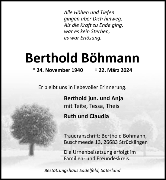 Traueranzeige von Berthold Böhmann von Nordwest-Zeitung