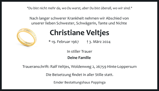 Traueranzeige von Christiane Veltjes von Emder Zeitung