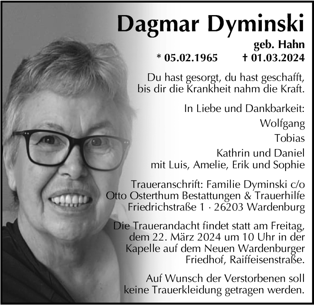  Traueranzeige für Dagmar Dyminski vom 09.03.2024 aus Nordwest-Zeitung
