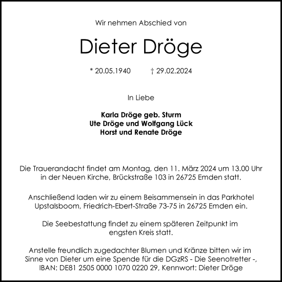 Traueranzeige von Dieter Dröge von Emder Zeitung