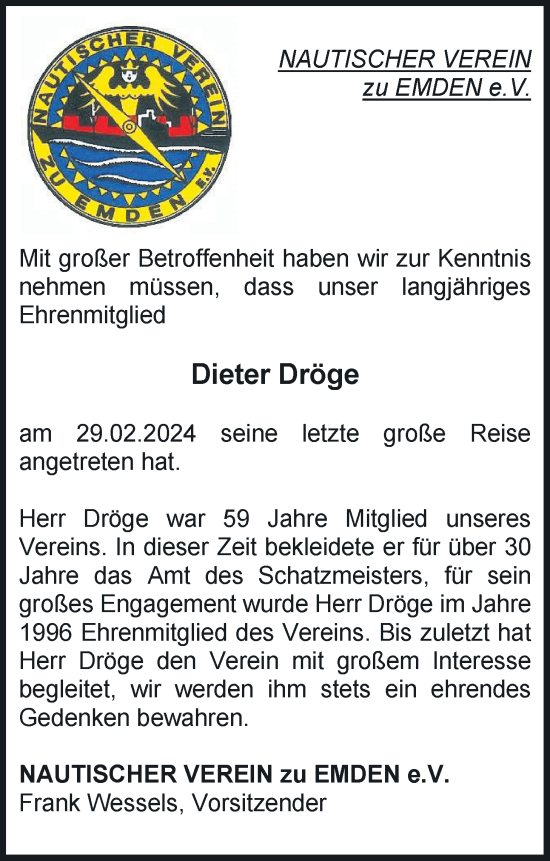 Traueranzeige von Dieter Dröge von Emder Zeitung