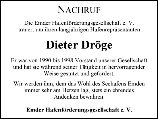 Traueranzeige von Dieter Dröge von Emder Zeitung