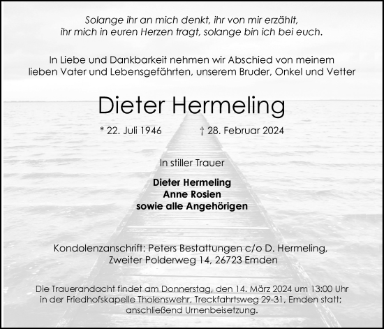 Traueranzeige von Dieter Hermeling von Emder Zeitung