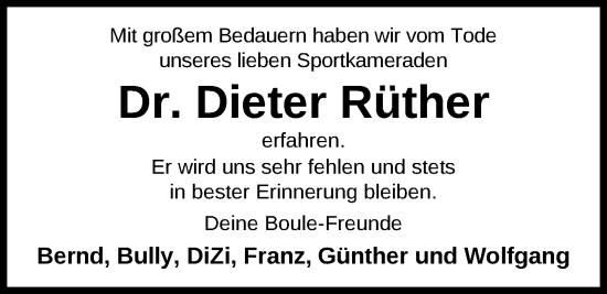 Traueranzeige von Dr. Dieter Rüther von Nordwest-Zeitung