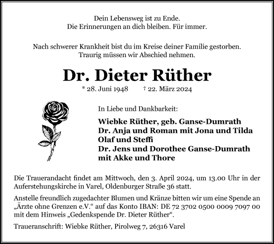Traueranzeige von Dr. Dieter Rüther von Nordwest-Zeitung