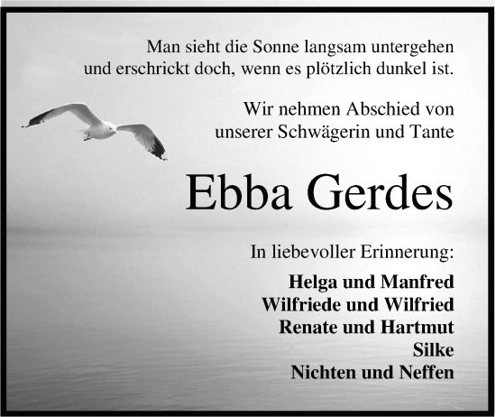 Traueranzeige von Ebba Gerdes von WZ/JW/AH
