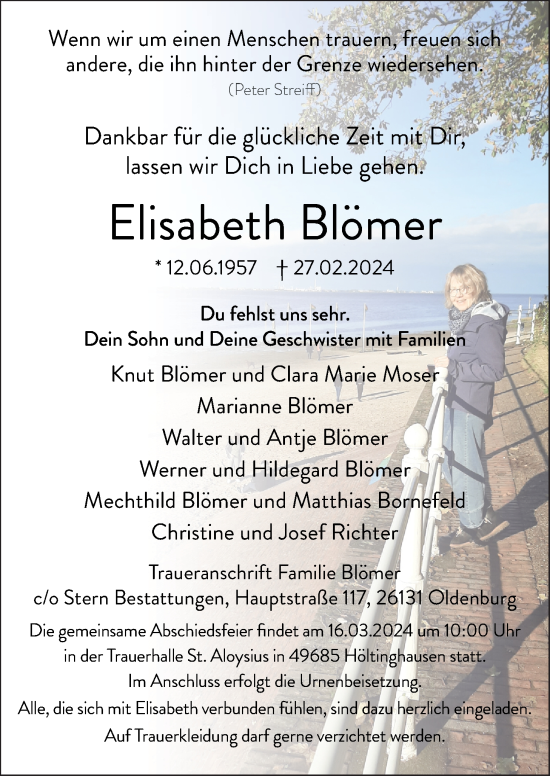 Traueranzeige von Elisabeth Blömer von Nordwest-Zeitung