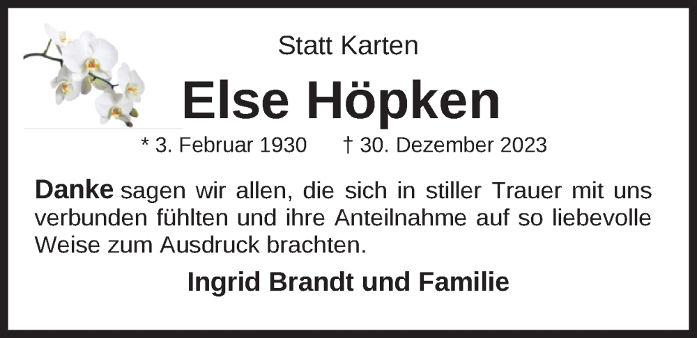 Traueranzeige für Else Höpken vom 06.03.2024 aus Nordwest-Zeitung