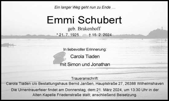Traueranzeige von Emmi Schubert von WZ/JW/AH