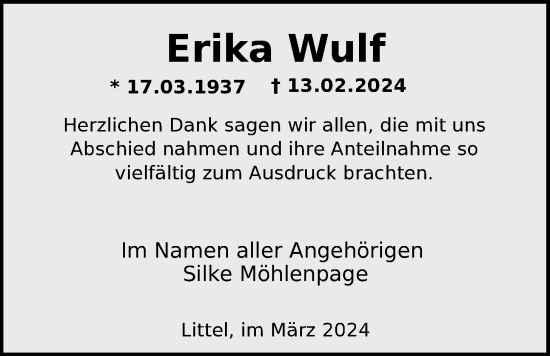 Traueranzeige von Erika Wulf von Nordwest-Zeitung