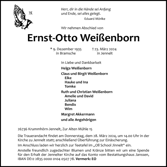 Traueranzeige von Ernst-Otto Weißenborn von Emder Zeitung