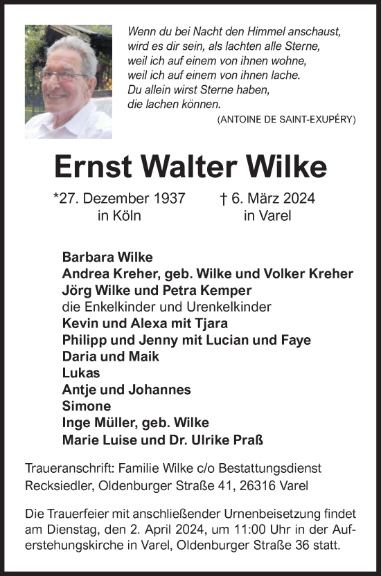 Traueranzeige von Ernst Walter Wilke von Nordwest-Zeitung