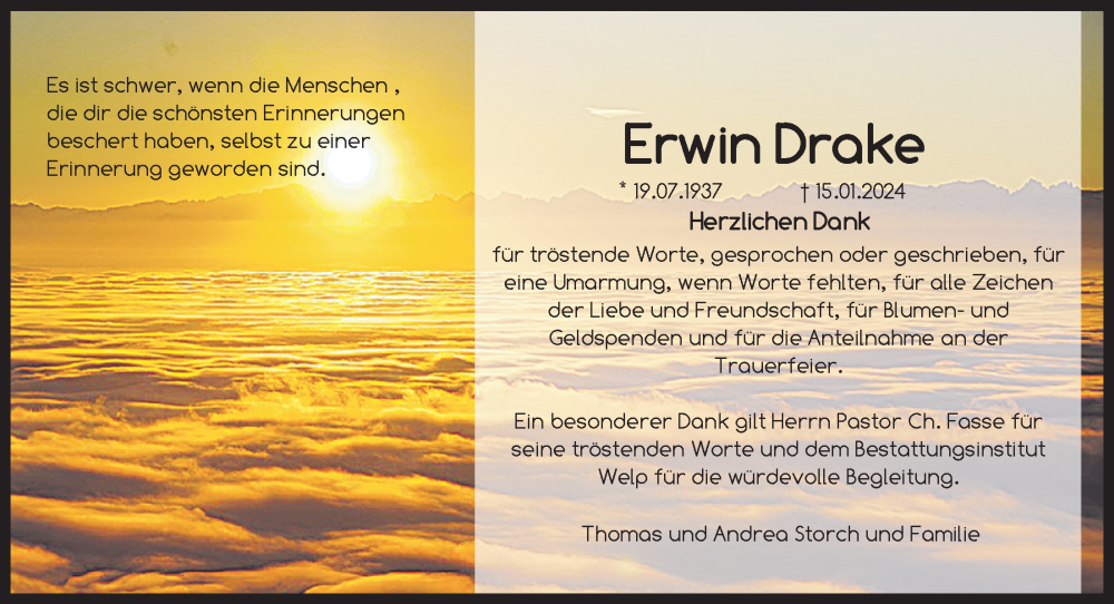  Traueranzeige für Erwin Drake vom 02.03.2024 aus Nordwest-Zeitung