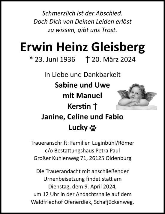 Traueranzeige von Erwin-Heinz Gleisberg von Nordwest-Zeitung