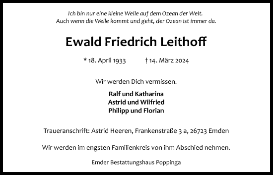 Traueranzeige von Ewald Friedrich Leithoff von Emder Zeitung