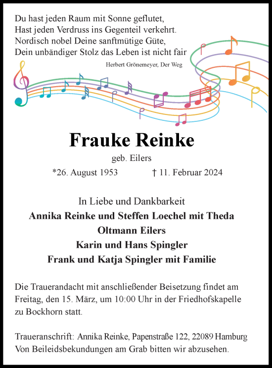 Traueranzeige von Frauke Reinke von Nordwest-Zeitung