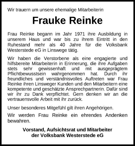 Traueranzeige von Frauke Reinke von Nordwest-Zeitung