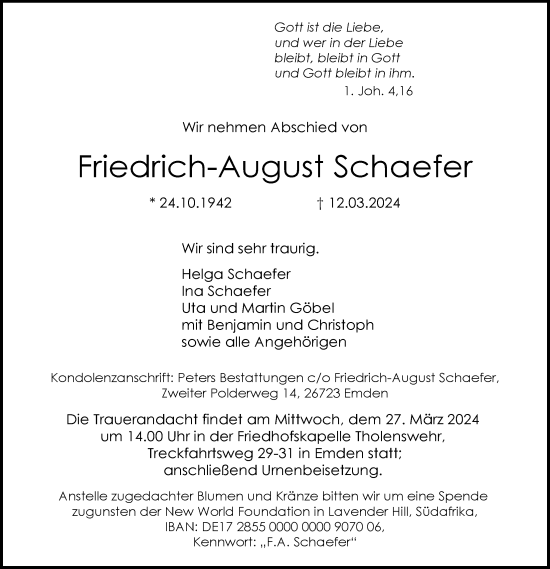 Traueranzeige von Friedrich-August Schaefer von Emder Zeitung