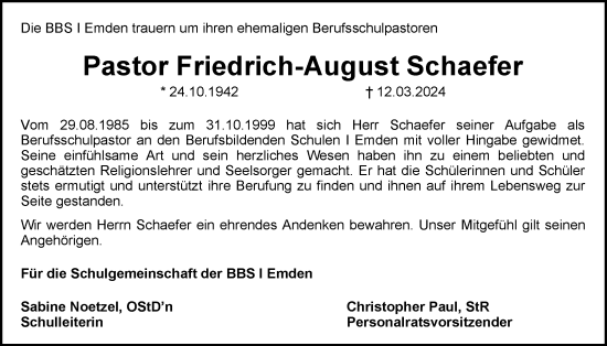 Traueranzeige von Friedrich-August Schaefer von Emder Zeitung