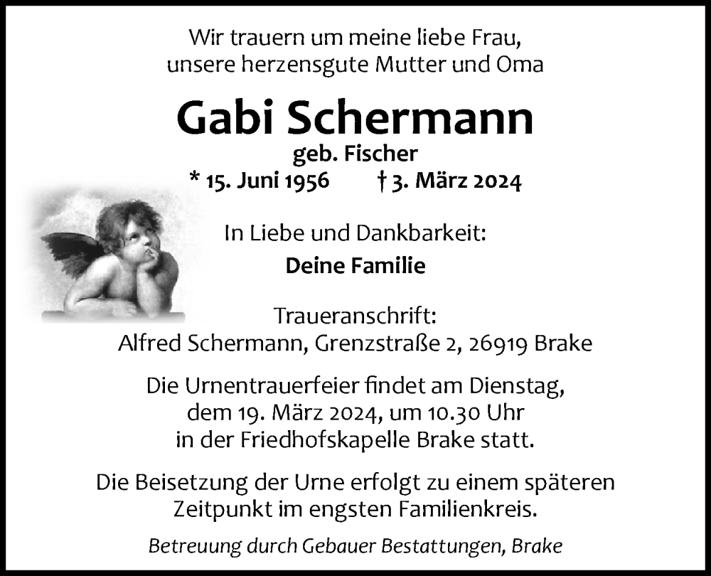  Traueranzeige für Gabi Schermann vom 09.03.2024 aus Nordwest-Zeitung