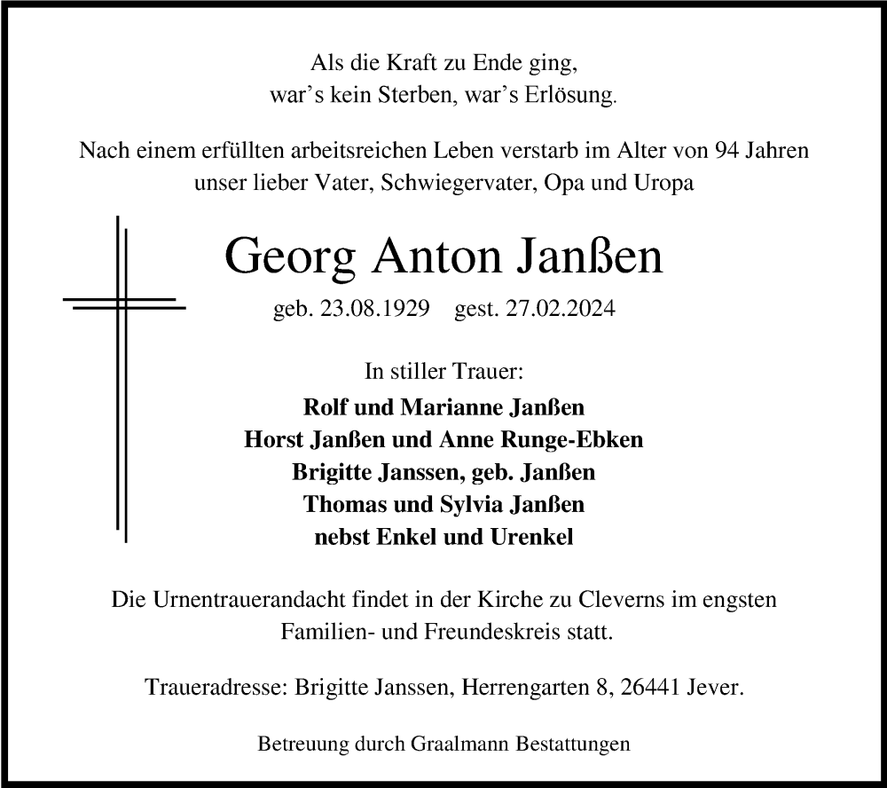  Traueranzeige für Georg Anton Janßen vom 02.03.2024 aus WZ/JW/AH