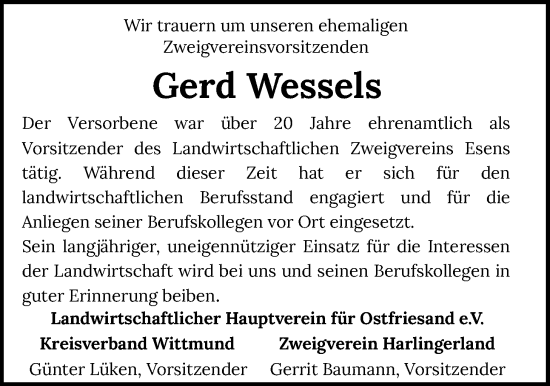 Traueranzeige von Gerd Wessels von Nordwest-Zeitung