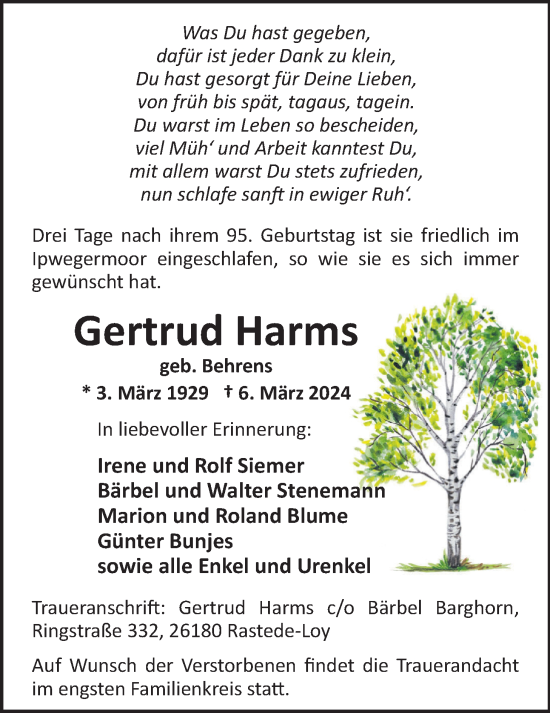Traueranzeige von Gertrud Harms von Nordwest-Zeitung