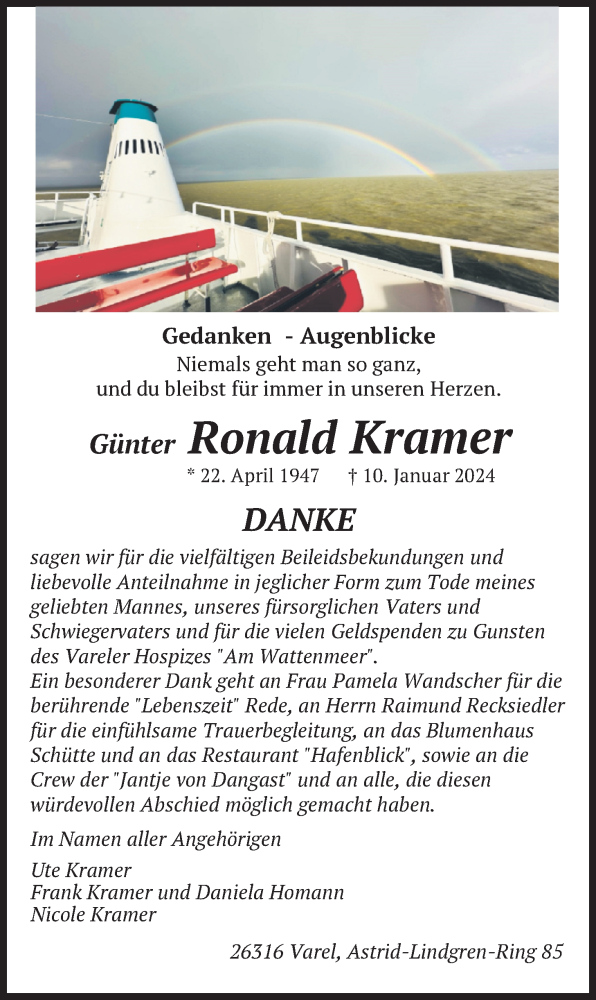  Traueranzeige für Günter Ronald Kramer vom 30.03.2024 aus Nordwest-Zeitung